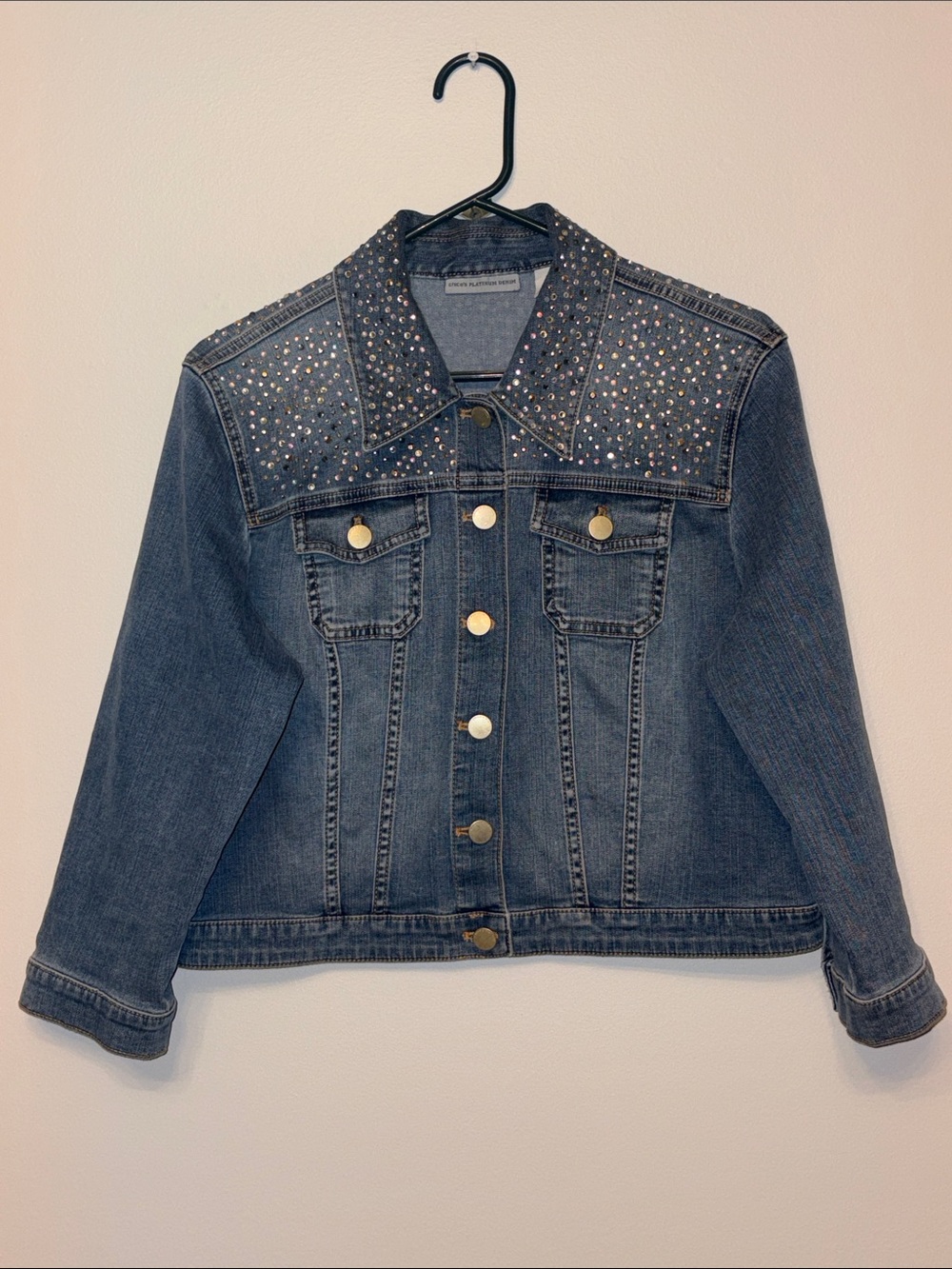 Chico's Platinum Denim Jacket with Rhinestones. Size 2 or Large